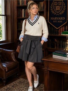 Belle Pogue Tie Front With Stretch Waist Zip Closure Academia Preppy Skirt